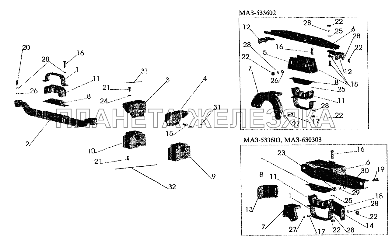 Крепление двигателя на автомобилях МАЗ-533602, МАЗ-533603, МАЗ-630303 МАЗ-6303 (2005)